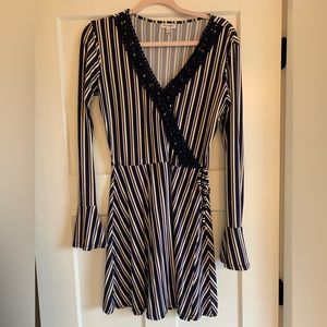 Striped mock wrap dress with flair sleeves